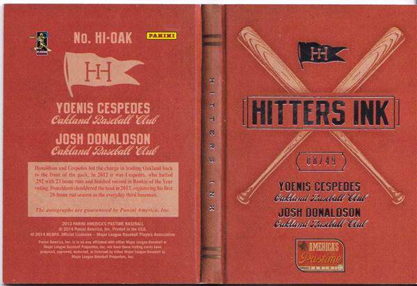 2014 Panini America's Pastime Baseball Josh Donaldson, Yoenis Cespedes (back)